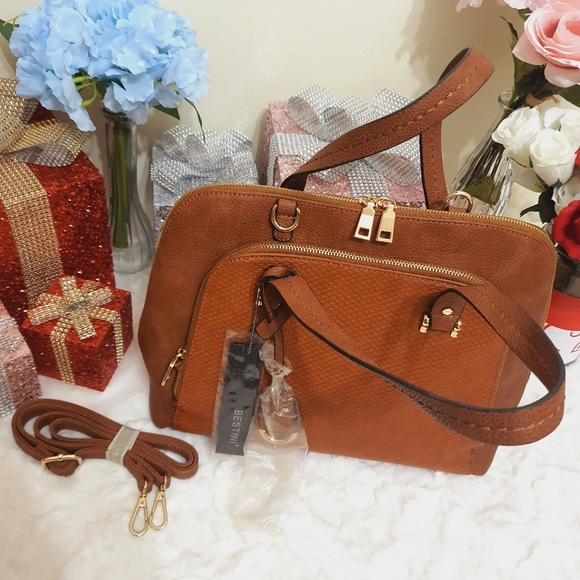 BESTINI Brown Handbag Shoulder Crossbody 2 Way Bag Faux Snake Animal Print NWT - Picture 7 of 16